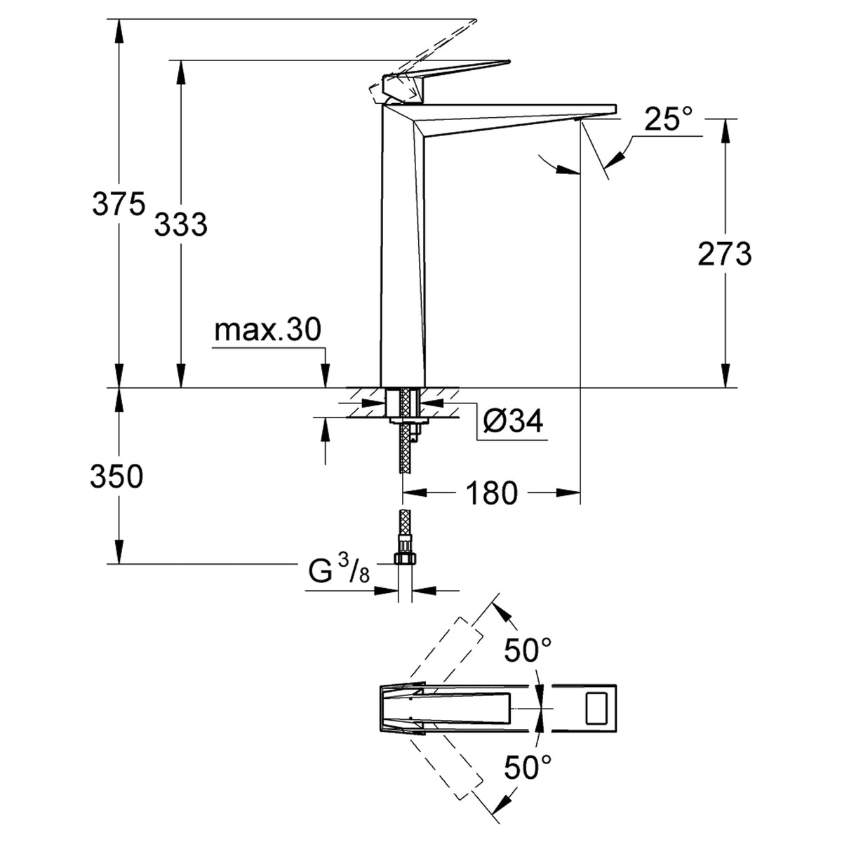 Grohe Allure Brilliant Tezgah Üstü Lavabo Bataryası, Paslanmaz Çelik - Teknik Çizim